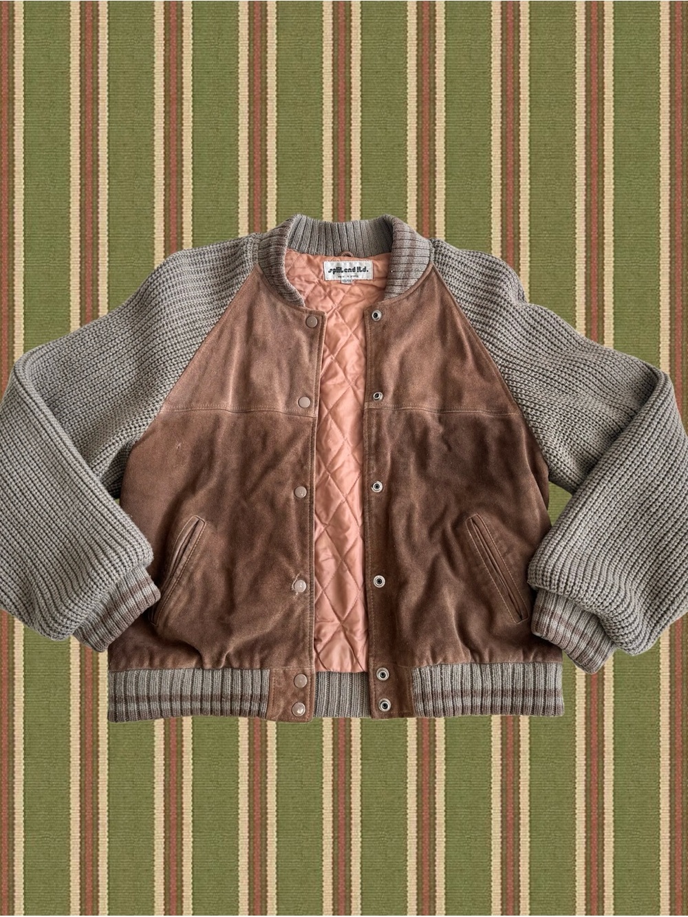 Men's Brown Suede Bomber Jacket with Gray Knit Sleeves